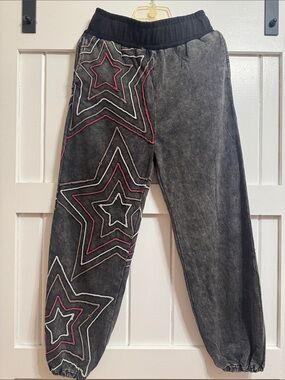 Oli & Hali Black Acid-Wash Joggers with Pink and White Star Stitching